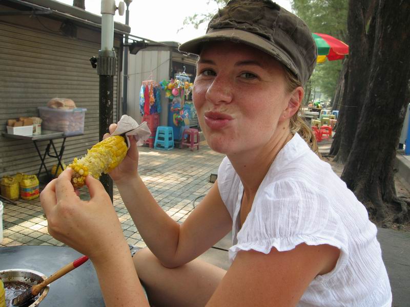 Eating BBQ's corn on the island of Coloane - the southern part of Macau.