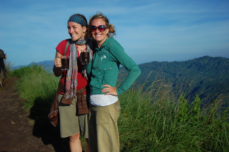 Amie and Lisa enjoying coffee on Batur volcano