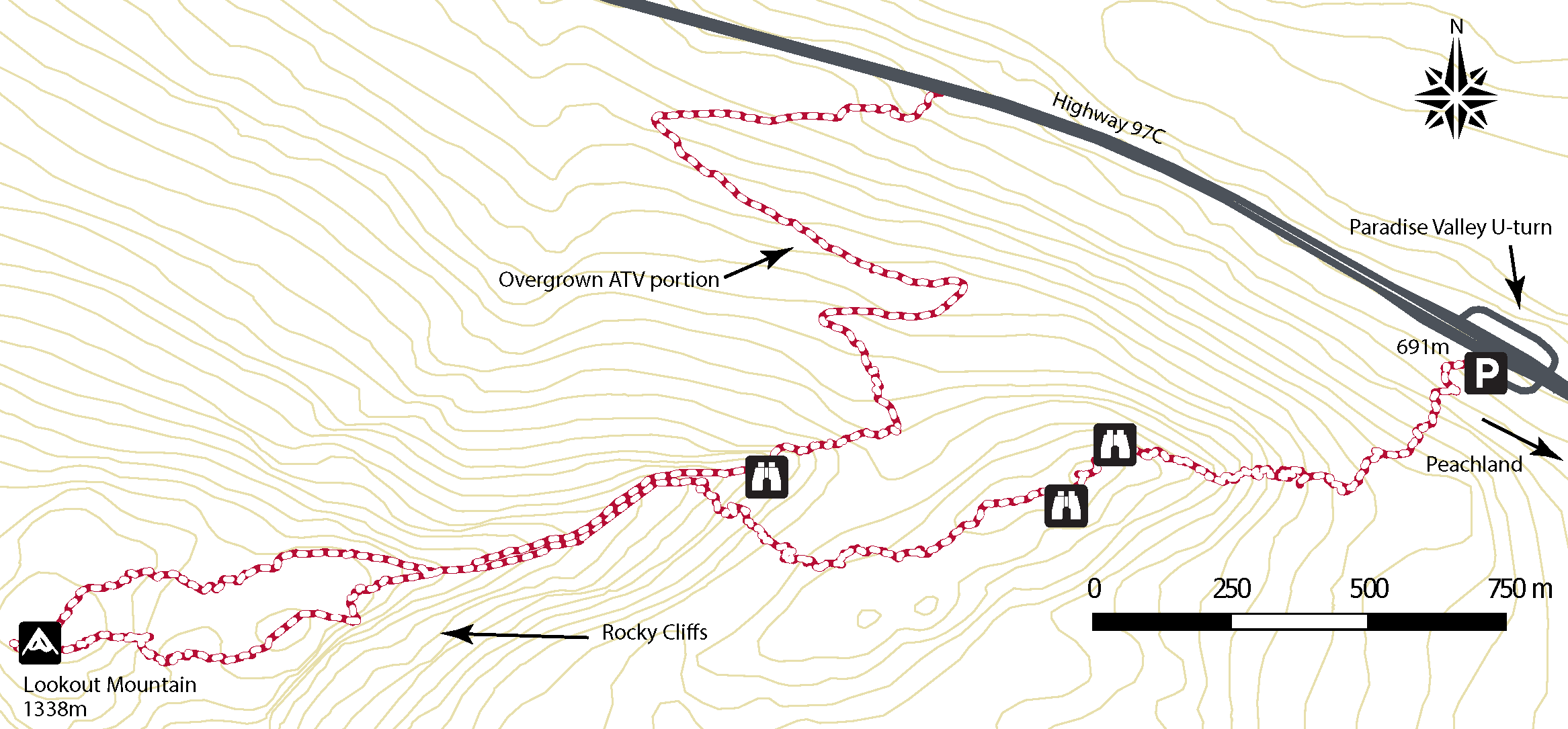 Map of hiking trail to Lookout mountain cliffs and summit